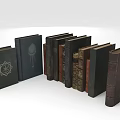 Old Books Collection With Various Dark Colored Decorative Covers and Intricate Designs