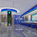 Modern Service Hall Interior With Reception Area And Blue Circular Signage