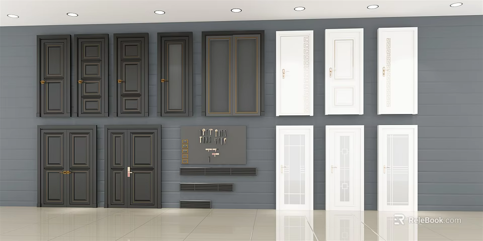 Various Hinged Door Styles in Black and White for Home Interior Design 3d model 