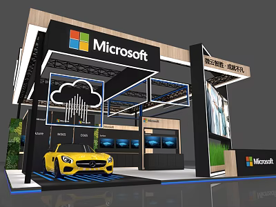 Microsoft Modern Exhibition Booth with Yellow Car Cloud Display and Screens 3d model