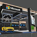 Microsoft Modern Exhibition Booth with Yellow Car Cloud Display and Screens