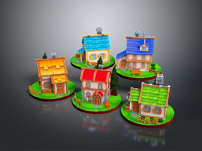 Cute Cartoon Scene With Multiple Colorful Roofed Houses And Small Trees On Green Lawns 3d model