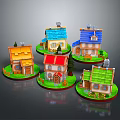 Cute Cartoon Scene With Multiple Colorful Roofed Houses And Small Trees On Green Lawns