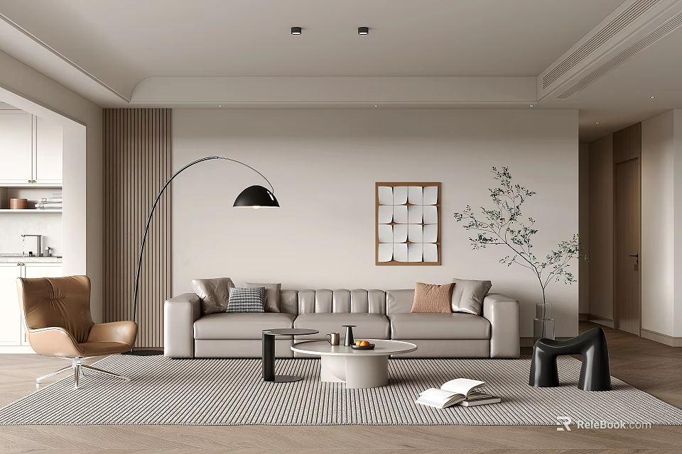 Modern Living Room Interior Design With Beige Sofa Round Coffee Table And Floor Lamp 3d model 