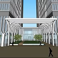 Modern Office Building With Glass Facade And Urban Pedestrian Walkway Design