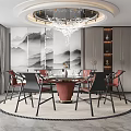 Elegant Chinese Private Dining Room Interior With Round Table Chandelier Landscape Painting And Window