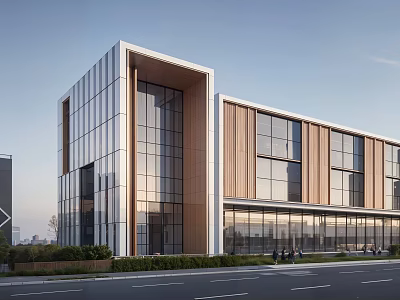 Modern Sales Office Building With Glass Curtain Wall And Wooden Facade Design 3d model