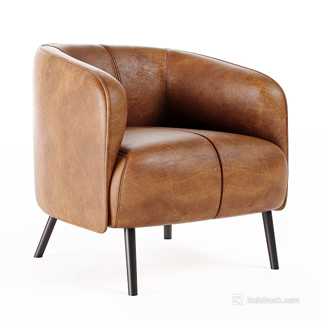 Modern Brown Leather Single Sofa With Curved Armrest And Slim Black Legs 3d model