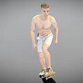 Shirtless Man In White Shorts Balancing On Skateboard With Athletic Physique