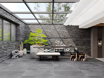 Modern Villa Balcony With Stone Walls Glass Roof And Bonsai 3d model