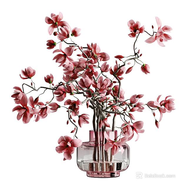 Elegant Transparent Glass Vase With Pink Blooming Magnolia Flowers And Branches 3d model 