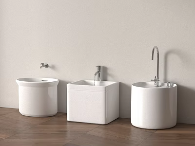 White Bathroom Washbasins Against Light Colored Wall With Faucets And Wooden Floor 3d model