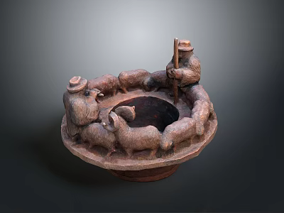 Ceramic Pottery Sculpture Round Shaped With Carved Shepherds and Grazing Sheep Figures 3d model