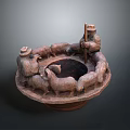 Ceramic Pottery Sculpture Round Shaped With Carved Shepherds and Grazing Sheep Figures