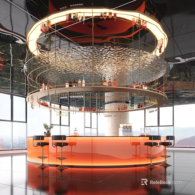 Modern Hotel Lobby Bar With Circular Counter Ring Shaped Lighting And Large Windows 3d model 