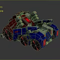Futuristic Red And Blue Mechanical Vehicle With Multiple Cannons Large Wheels And Red Glowing Accents