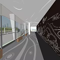 Modern Exhibition Hall Interior With Large Glass Windows White Wavy Ceiling And Black Wall Patterns