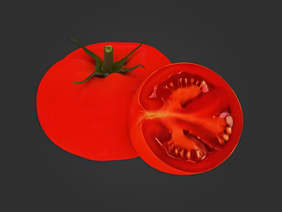 Fresh Red Whole Tomato and Cut Open Half with Juicy Pulp and Seeds 3d model
