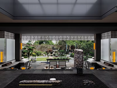 Modern Luxury Sales Office Design With Chinese Garden Courtyard Glass Curtain Wall And Stone Landscape 3d model