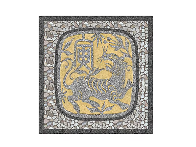 Square Mosaic Garden Ornament with Yellow Background and Animal Motif and Gray Stone Border Design 3d model