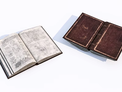 Vintage Antique Books With Open Illustrated Pages And Brown Cover 3d model