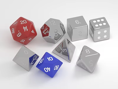 Colorful Polyhedral Dice Collection Featuring Red Blue Silver Six Eight Twenty Sided Shapes 3d model