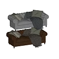 Brown Leather And Gray Two Seater Sofas With Tufted Design Cushions And Throw Blankets 3d model
