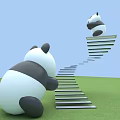 Two Pandas By Spiral Stairs One Climbing Up And One Sitting Below On Green Grass
