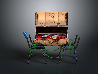 Rusted Box With Open Lid Featuring Folding Chairs Blue Parts And Green Ropes 3d model