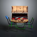 Rusted Box With Open Lid Featuring Folding Chairs Blue Parts And Green Ropes