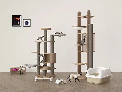 Practical Cat Living Essentials With Tall Trees Litter Box Toys And Wall 3d model