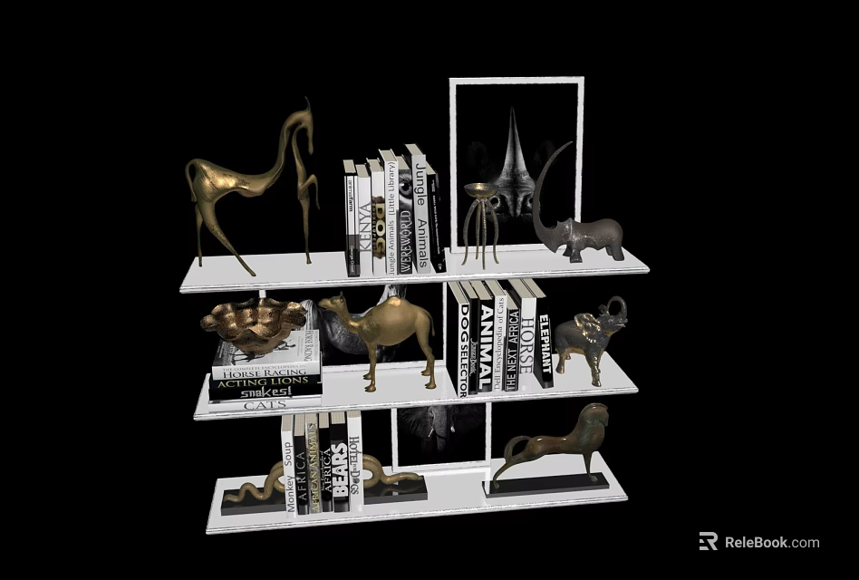 White Multi Tiered Bookshelf with Golden Animal Figurines and Books in Stylish Arrangement 3d model 