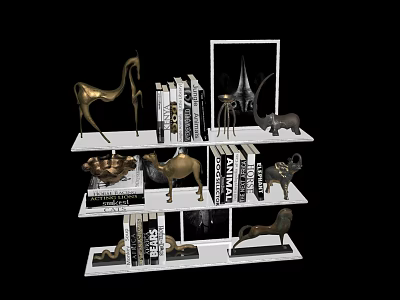 White Multi Tiered Bookshelf with Golden Animal Figurines and Books in Stylish Arrangement 3d model