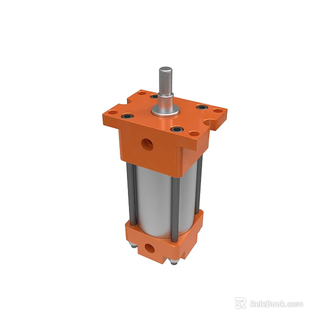 Orange Pneumatic Cylinder Industrial Equipment With Metal Rod And Flange 3d model 