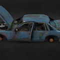 Old Blue Rusty Car With Open Hood And Doors On Dark Background