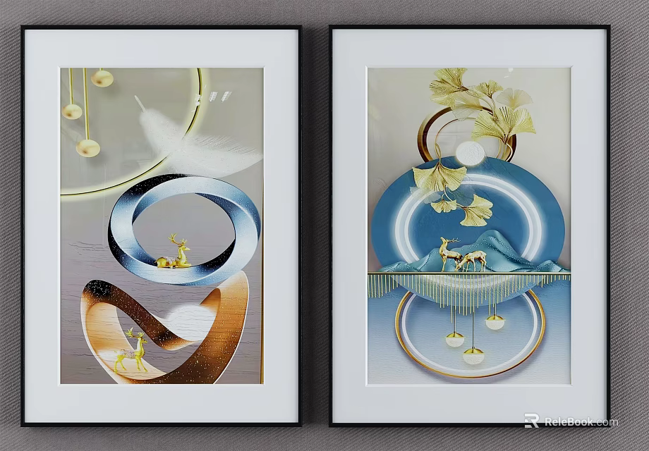 Modern Framed Decorative Wall Art With Circular Rings Golden Deer And Ginkgo Leaves 3d model 