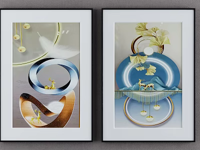 Modern Framed Decorative Wall Art With Circular Rings Golden Deer And Ginkgo Leaves 3d model
