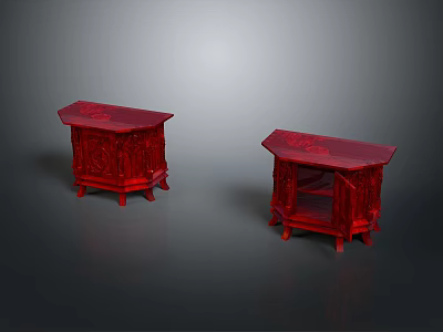 Two Red Chinese Style Carved Wooden Side Tables With Ornate Decorative Shelves 3d model