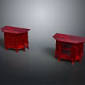 Two Red Chinese Style Carved Wooden Side Tables With Ornate Decorative Shelves