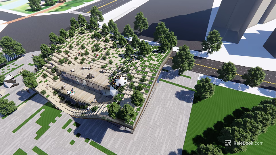 Modern Sales Office Building With Green Roof Surrounded by Trees and Outdoor Seating Area 3d model 
