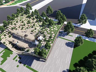 Modern Sales Office Building With Green Roof Surrounded by Trees and Outdoor Seating Area 3d model