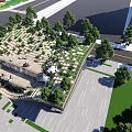 Modern Sales Office Building With Green Roof Surrounded by Trees and Outdoor Seating Area