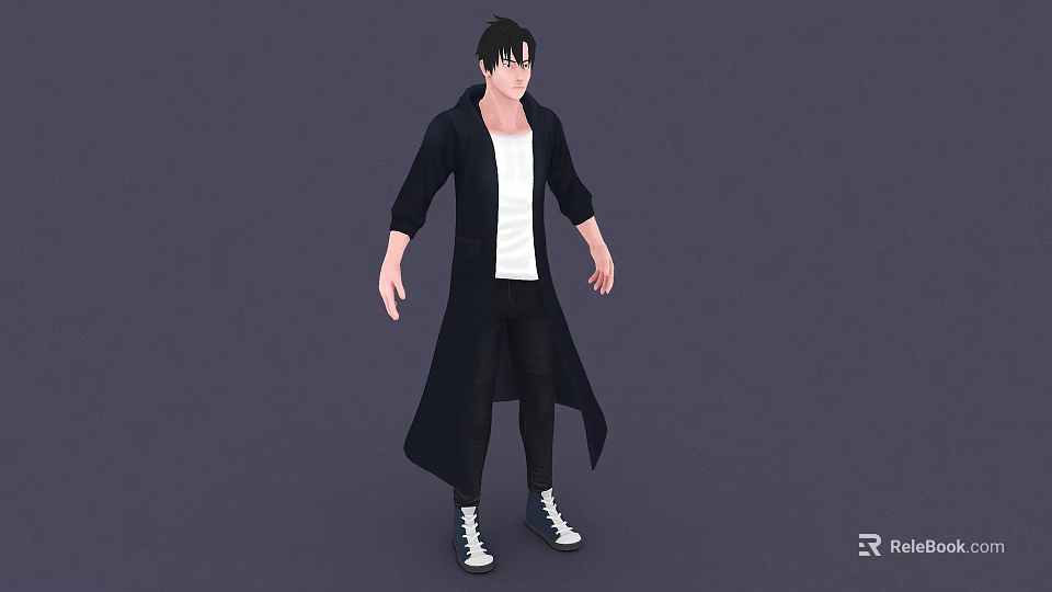 A Man Wearing Black Long Coat White T-shirt Dark Pants and Sneakers Against Gray Background 3d model 
