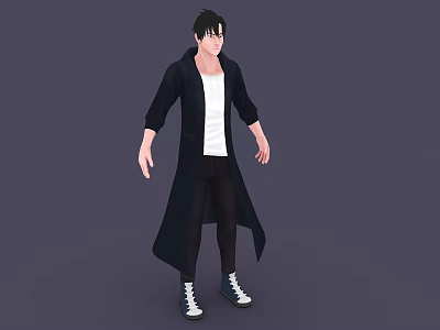 A Man Wearing Black Long Coat White T-shirt Dark Pants and Sneakers Against Gray Background 3d model