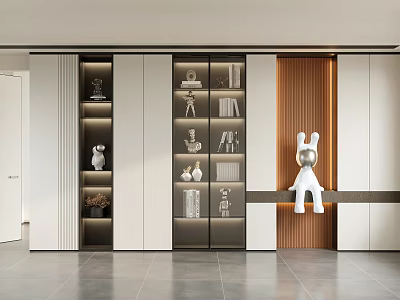 Modern Decorative Cabinet Featuring Glass Doors Wooden Elements Display Shelves Books And Rabbit Figurine 3d model