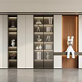 Modern Decorative Cabinet Featuring Glass Doors Wooden Elements Display Shelves Books And Rabbit Figurine