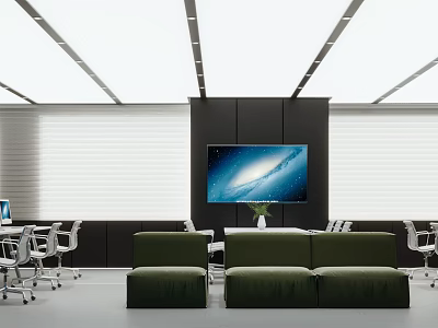 Modern Office Interior Design With Green Sofa White Chairs And Large TV Screen 3d model