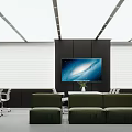 Modern Office Interior Design With Green Sofa White Chairs And Large TV Screen