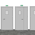 White Doors With Small Windows And Green Exit Signs On Gray Tiled Floor 3d model