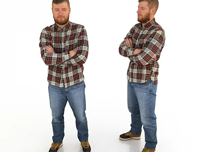 Man In Plaid Shirt Blue Jeans Brown Shoes Arms Crossed Two Poses White Background 3d model